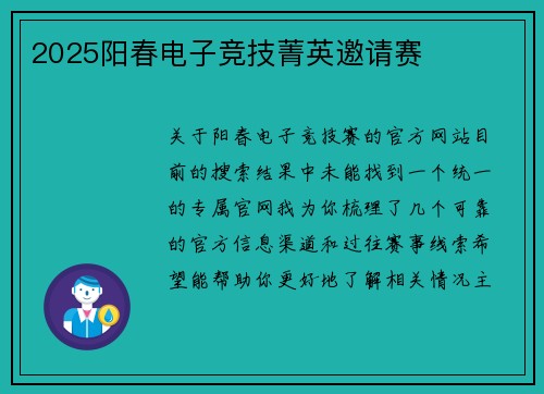 2025阳春电子竞技菁英邀请赛