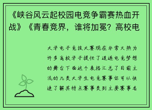 《峡谷风云起校园电竞争霸赛热血开战》《青春竞界，谁将加冕？高校电竞赛事激燃来袭》